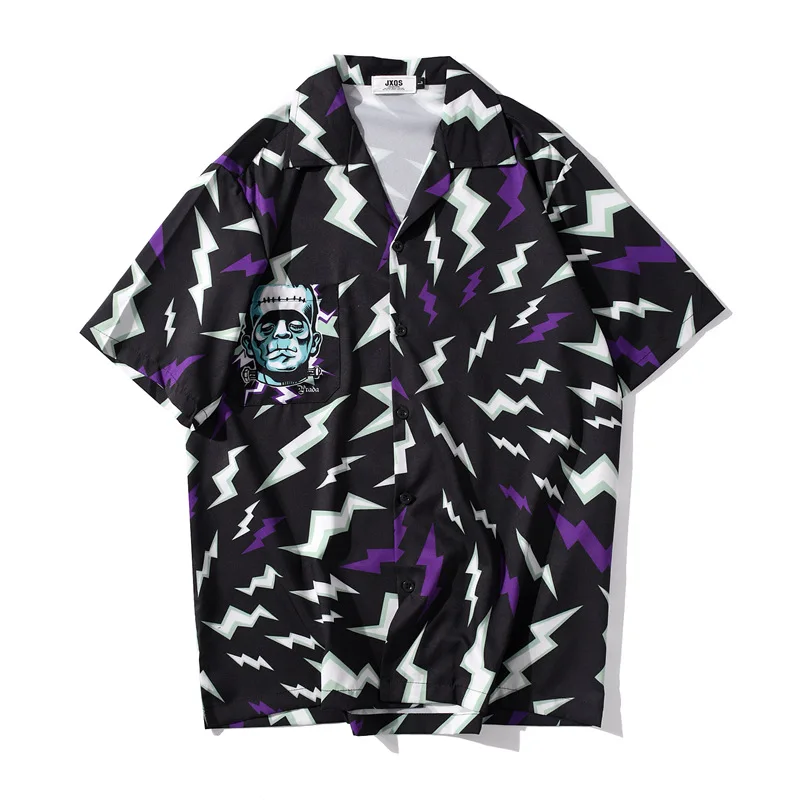 Personalized Pocket Shirt 2022 New Summer Men Hawaiian Short Sleeve Shirt Mens Casual Lightning Print Beach Shirts Man Oversized
