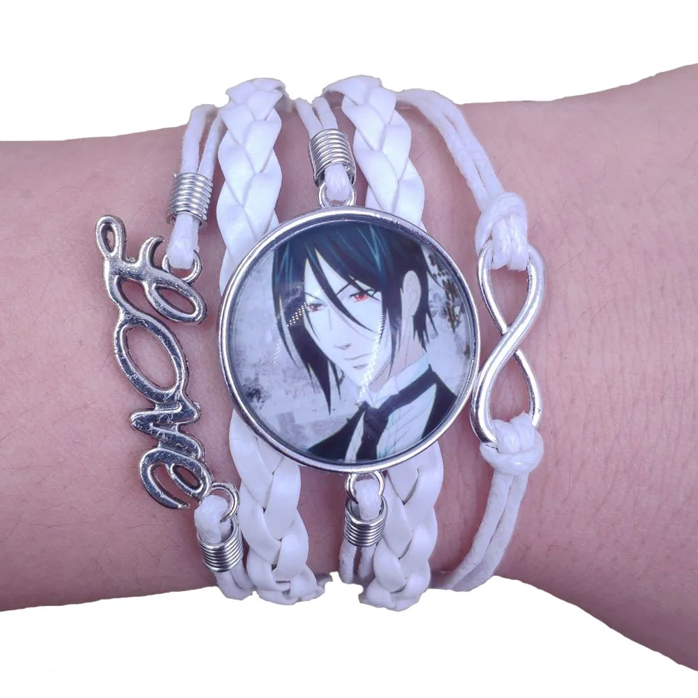 Белый кожаный аниме Браслет Себастьян черный Батлер время драгоценный камень