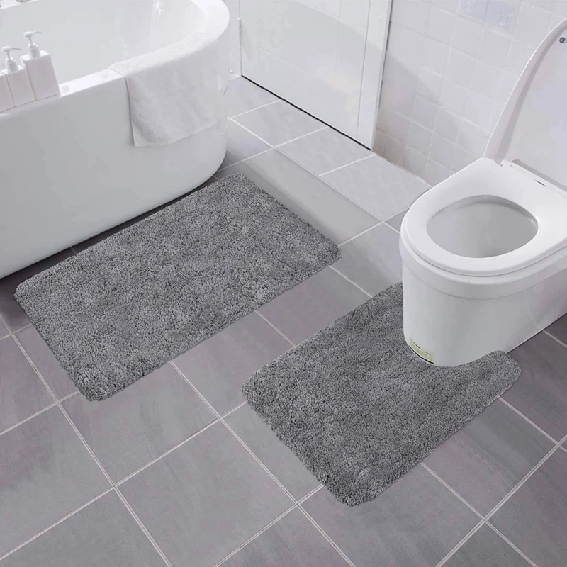 Offerte Set Di Tappeti Da Bagno 2 Set-tappetino Da Bagno Morbido Shaggy E Tappeto Da Toilette A Forma Di U, Lavaggio In Lavatrice Antiscivolo/assorbente A Secco-caffè E Grigio