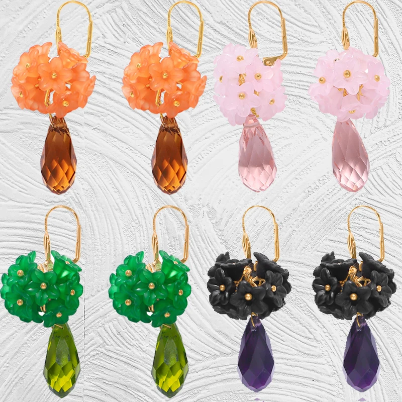 Модные корейские длинные висячие серьги с цветами и кристаллами для женщин