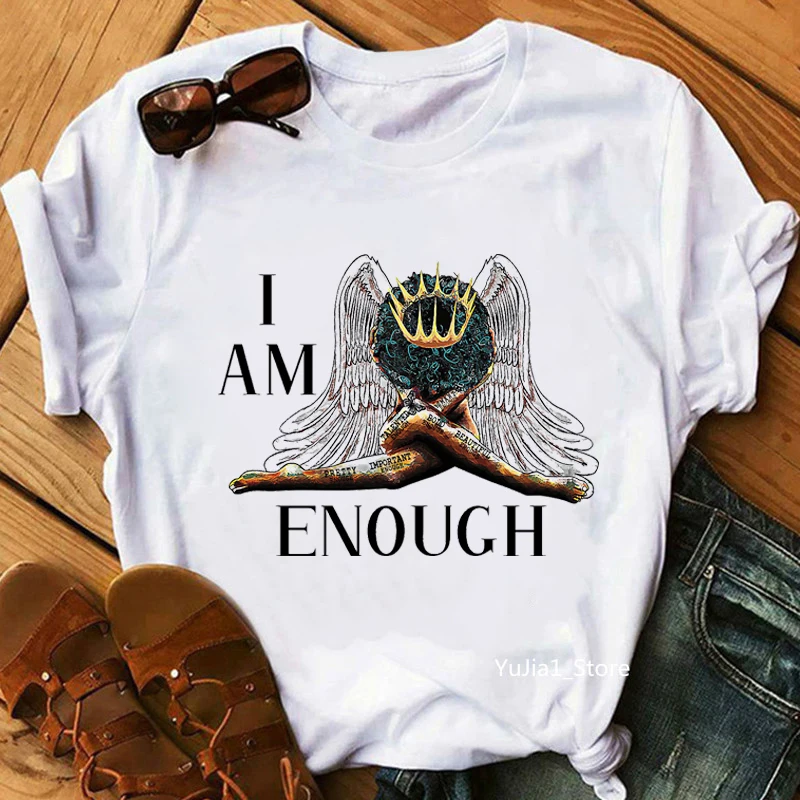 

I Am Enough BLACK ANGEL Teal Graphic Print Tshirt Women Crown Black Girl Magic T Shirt Femme 90s 00s Aesthetic Clothes T-Shirt