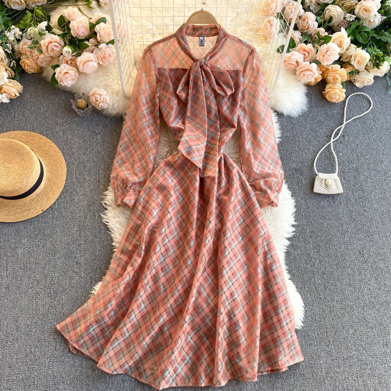 

Spring And Summer Women's Plaid Vintage Dress Elegant Ladies Long-Sleeved Bow Bandage Dresses Femme Robe Korean Style