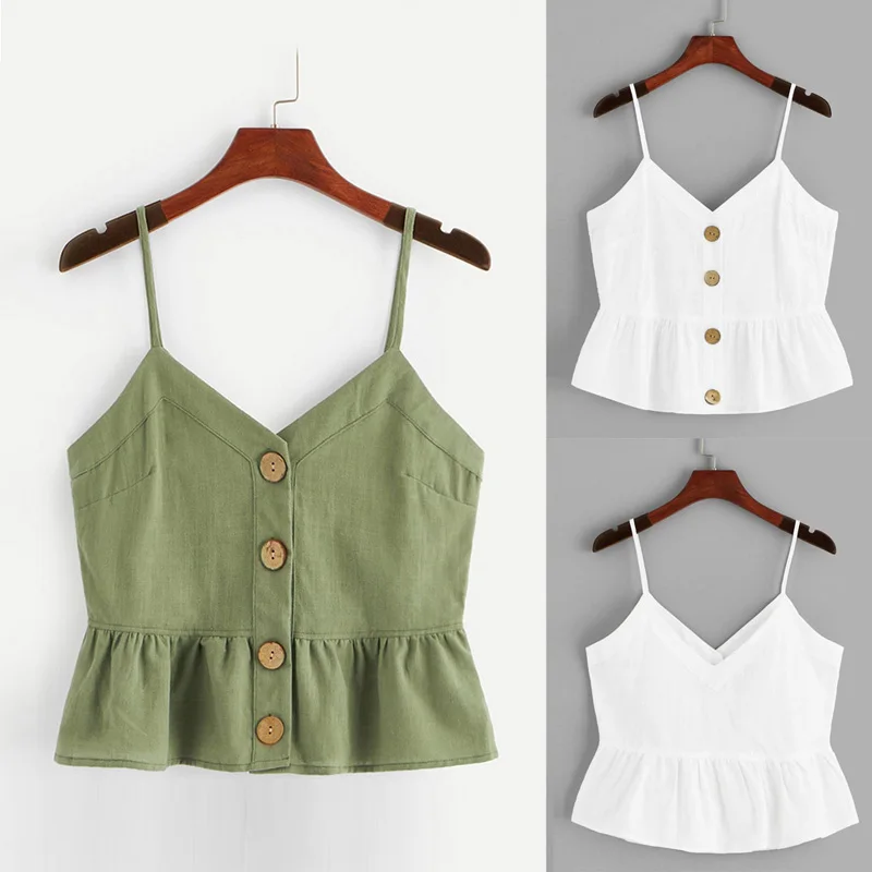 

Summer Vest Crop Top Shirt Fashion Women Single Breasted Sleeveless V-Neck Sling Solid Slim Size S-2XL Gift Hot Sale
