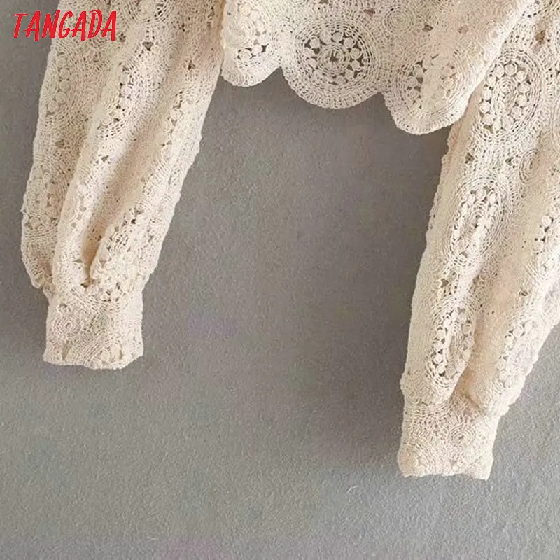 Tangada, Женская вязанная блуза, квадратный воротник,, выдалбливают, длинный рукав, короткий стиль, рубашки для женщин, шикарные сексуальные топы 2W91