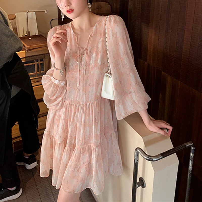 

Printing Mini Pink Dress Women Korean Fashion One Piece Long Sleeve Dress Elegant Evening Party Dress Fall Clothes for Women New