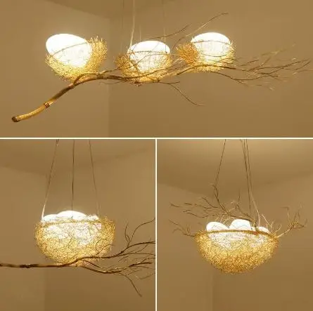 

Post Modern Handwork Gold Aluminium Steel Bird Nest Pendant Light Lamp Nordic Silver Alu. Wire White Glass Egg Suspension Light