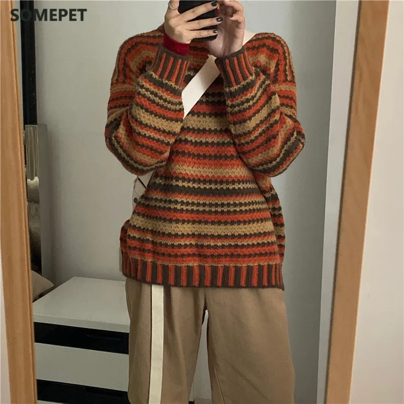 

Women's Round Neck Retro Long-Sleeved Sweater Student Tide Wear Knitted Top Korean Autumn Winter Warm Striped Pullovers