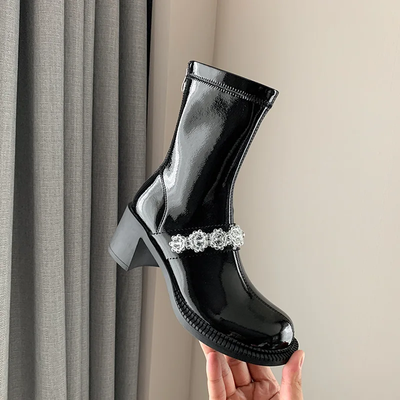 Новое поступление модная блестящая обувь на высоком толстом каблуке с большим