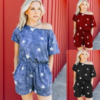 womens casual jumpsuit 100 cotton summer fashion rompers short sleeve tie dye stars printed drawstring siamese trousers
