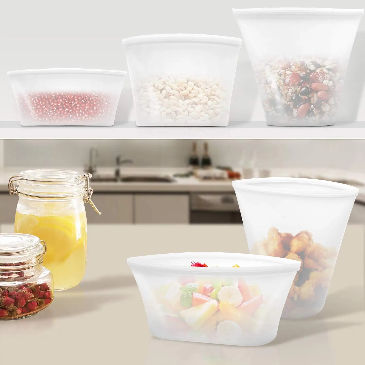 8pcs Reusable Silicone Food Bag Ziplock Wrap Bags Storage Containers Set Freezer Seal Fruit Packing Kitchen Organizer