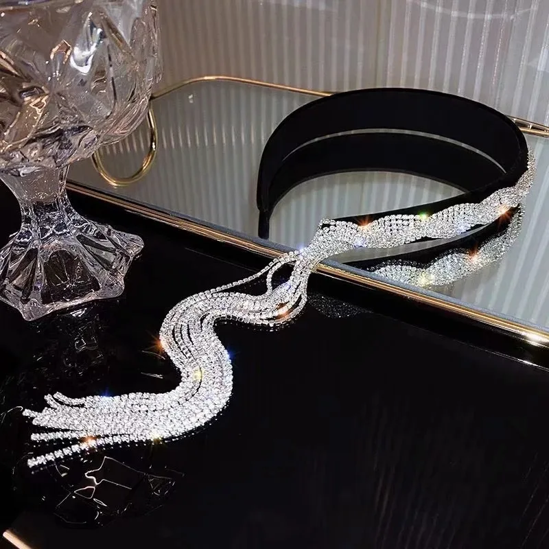 

Hyperbole Bling Bling Rhinestones AB Color Hairband for Women Girls Korean Style Elegant Long Tassel Hairwear Jewelry