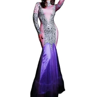 new shining diamonds women long tailing dresses nightclub singer dance stage performance costumes purple evening prom outfits