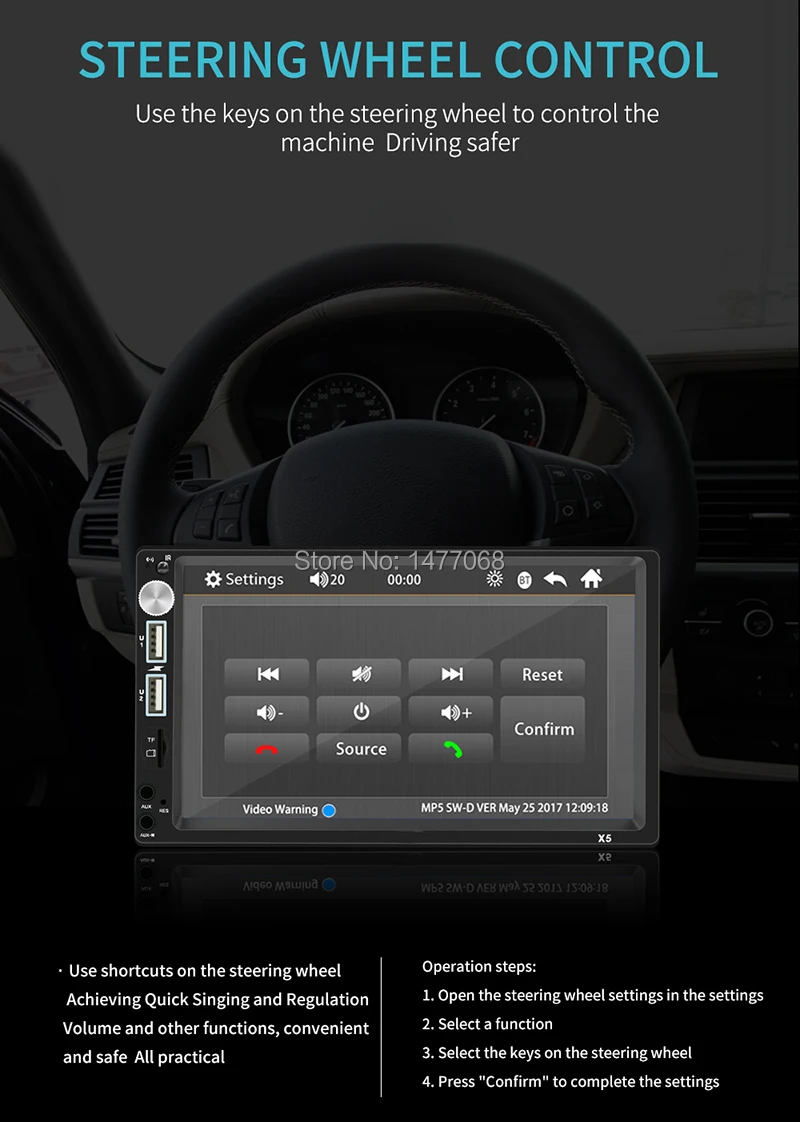 7" Touch Screen Car Radio 2 Din Mirror Link Bluetooth MP5 Player External Mic Input Handsfree A2DP USB TF ISO Head Unit PHYEE X5