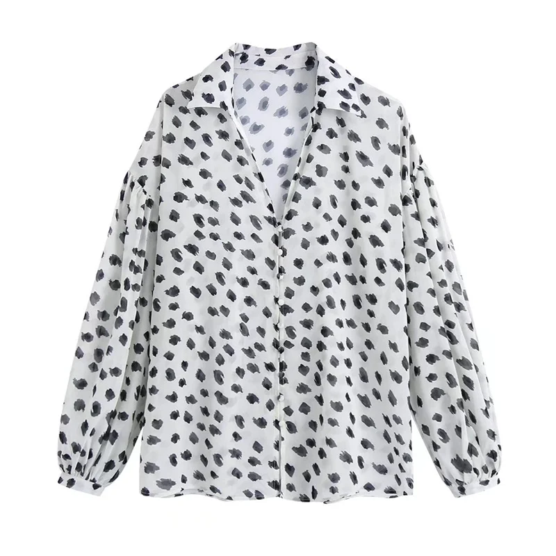 

ZXQJ Women Milk Cow Pattern Print Shirts Lady Long Sleeve Lapel Harajuku Lantern Sleeve Blouse Female Loose Breasted Top Shirts
