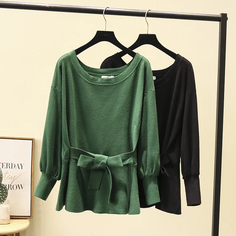 

Autumn Women's Sweaters Plus Size Fashion Solid Color With Sashes Full Sleeve Knitting Female Pullovers XL/4XL