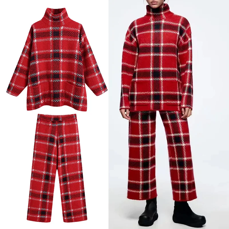 

Женский комплект из 2 предметов, вязаный свитер и длинные брюки в клетку