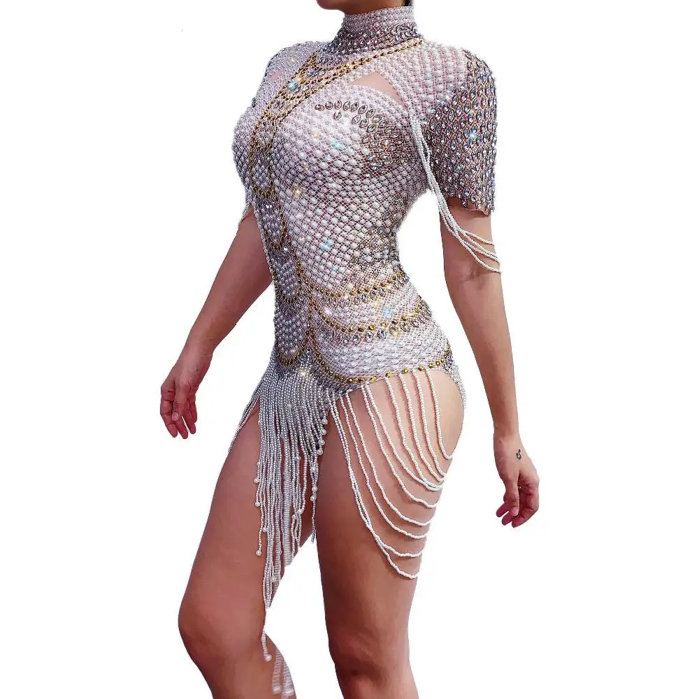 Sexy Stretch Dance Leotard Fashion Rhinestones Pearls Bodysuit Costume Performance Party Celebrate Stage Show Stones Wear