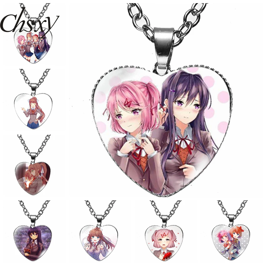

Anime Doki Literature Club Necklace Cartoon Figure Sayori Yuri Natsuki Monika Heart Shape Pendant Glass Metal Chain Jewelry Gift