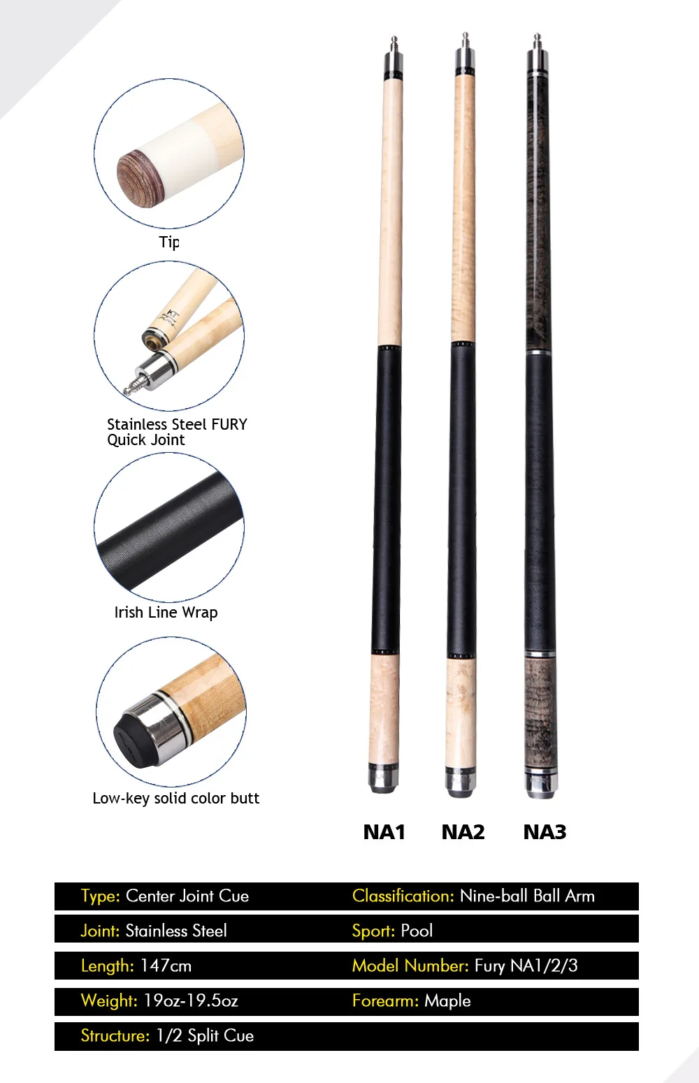 FURY NA1-3 Billird Pool cue11.75 мм 12,75 мм Tiger Tip Maple Taco billar Cue Stick Профессиональный Чехол