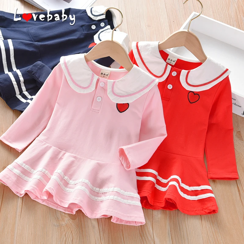 

Girl Cotton Dress Baby Girls Student Style Dress Pleated Long Sleeved Dress