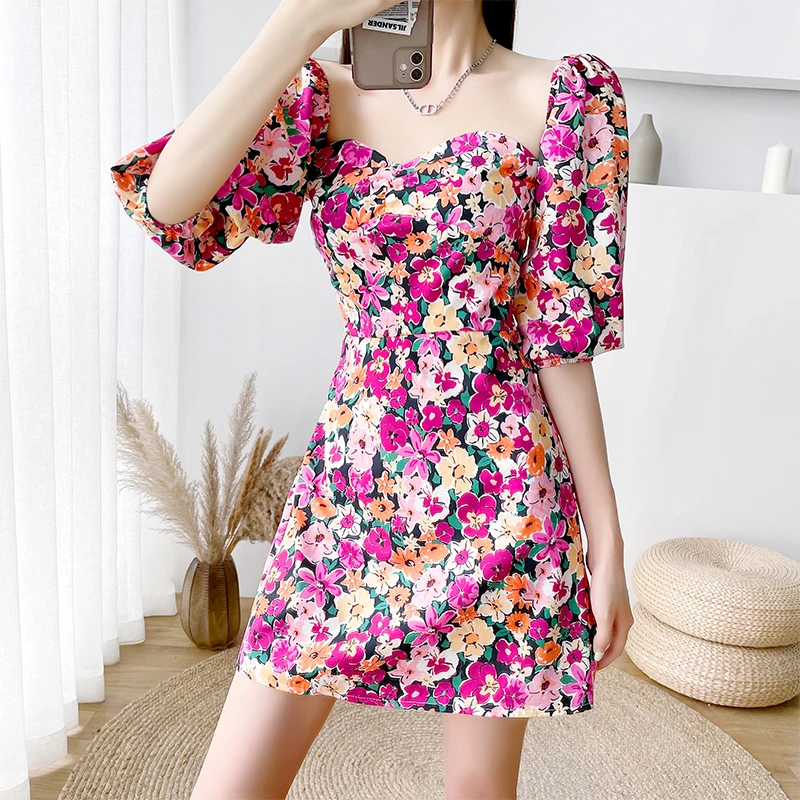 

Summer New Retro Fashion A-Line Mini Dresses For Women Puff Sleeve Waist Elegent All-Match Beach Style Mujer Chic Vestidos Ins