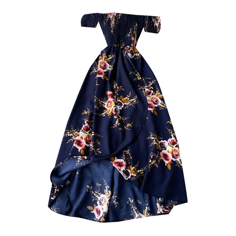 

Summer Women's Dress Irregular Slit Print Floral Long Skirt One-way Neck Strapless Chest Wrap Short Sleeve Dresses LL006