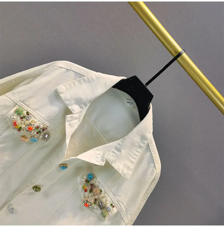 

2021 Spring Autumn European Pearl Rhinestone Ladies Denim Coat Fashionable New Loose Solid Slimming White Short Jeans Jacket