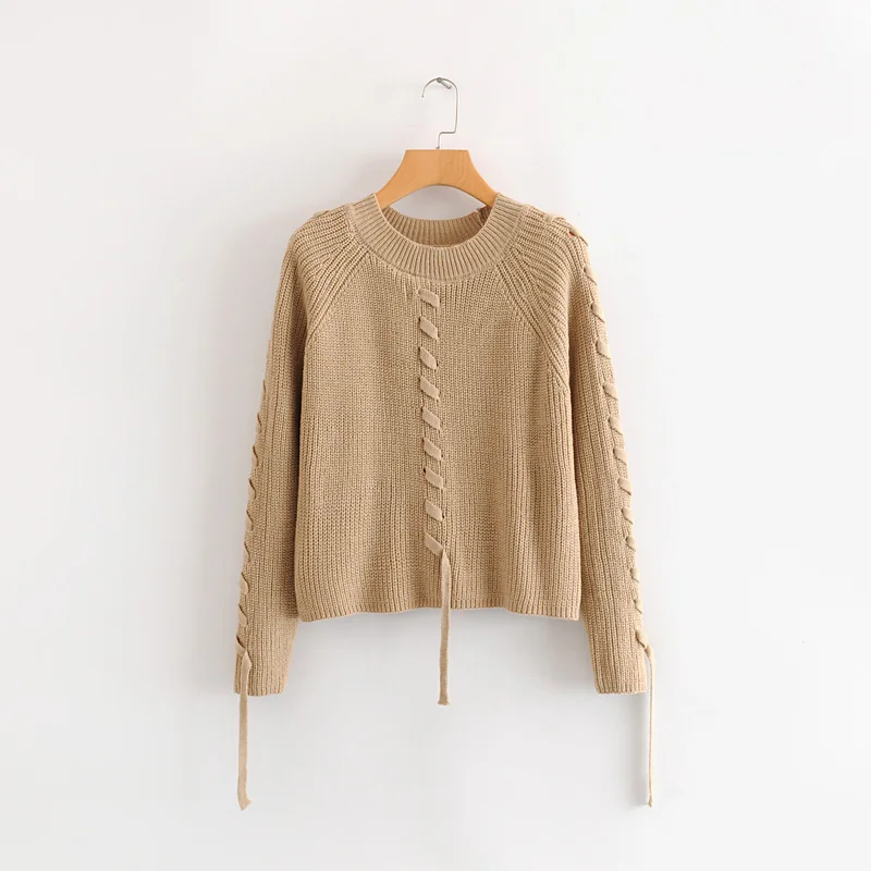 Женский вязаный пуловер с круглым вырезом повседневный однотонный длинными