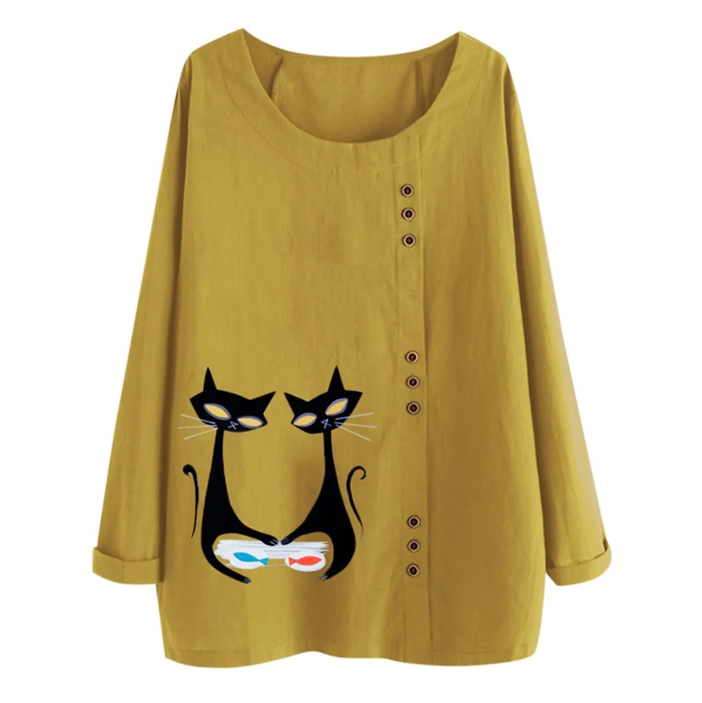 Женская Повседневная рубашка с круглым вырезом и пуговицами забавным принтом