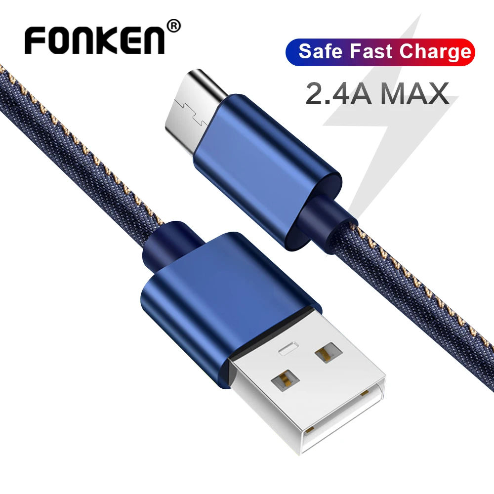 Кабель Micro USB FONKEN 2.4A джинсовый кабель для передачи данных зарядный шнур сотового