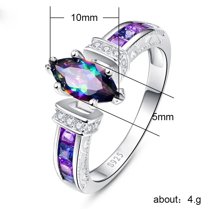 JoiasHome Genuine Rainbow Fire Mystic Oval Topaz Rings with 10*5mm gemstones  Solid 925 Sterling Silver Ring Vintage Jewelry images - 6