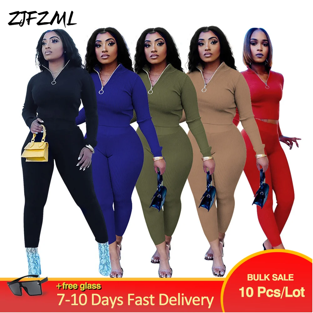 

Bulk Items Wholesale Lots Women Bodycon 2 Piece Pant Suit Ribbed Knitted Full Sleeve Slim Top and Skinny Sporty Trouser Outfits