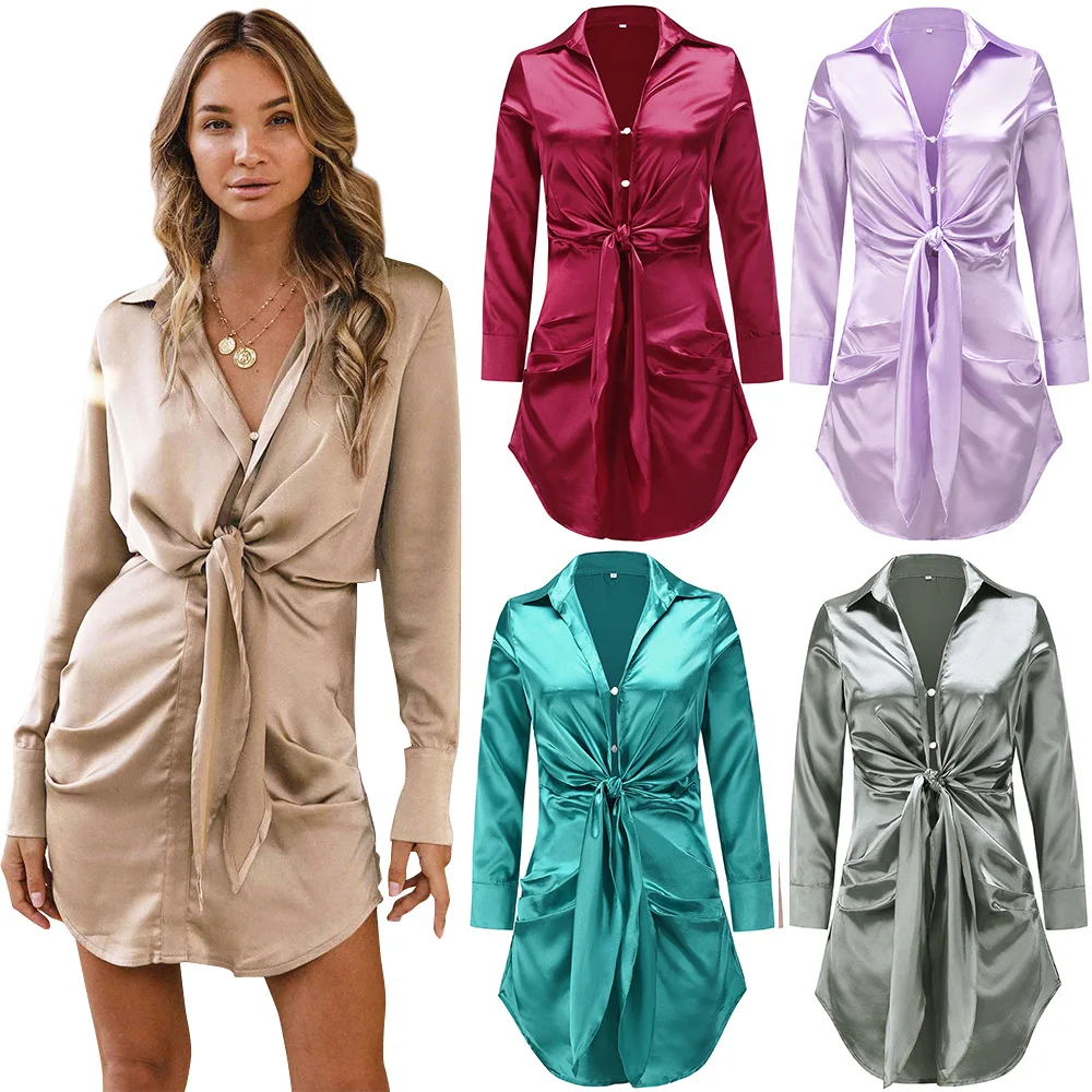 

2021 Платья офисные женские туфли из сатина на шнуровке с v-образным вырезом, сексуальное, женская одежда с длинным рукавом, теплый и мягкий по...