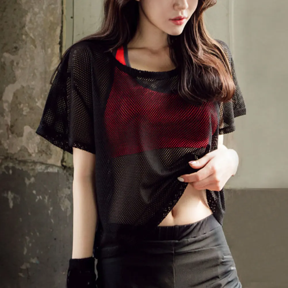 Женская футболка с короткими рукавами для йоги сетчатая дышащая быстросохнущая