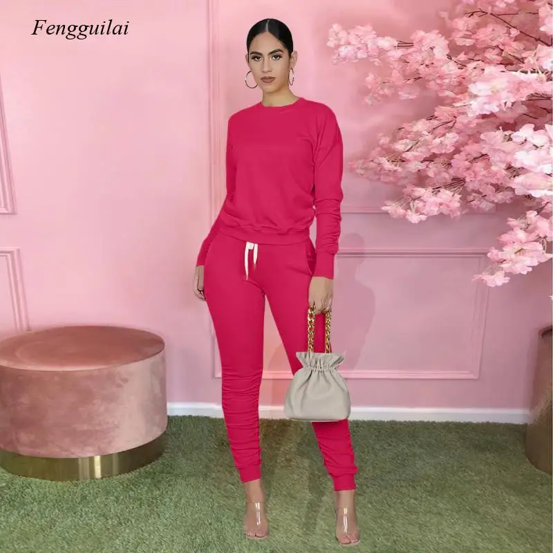 

2021 Spring New Solid Color Two-Piece Suit = Round Neck Long-Sleeved Top + Pleated Pencil Trousers Fashion Casual Suit