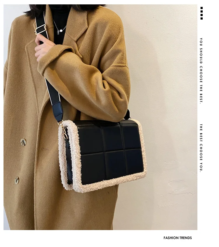 

Fashion Lattice Square Plush Crossbody Bags for Women 2021 Lambswool Pu Leather Shoulder Messenger Bag Women's Designer Handbag