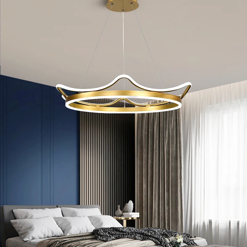 Crown Chandelier Modern Creative Golden Round LED Chandelier Nordic Luxury Living Room Lamp Bedroom Kitchen Hanging Lamp Dimming