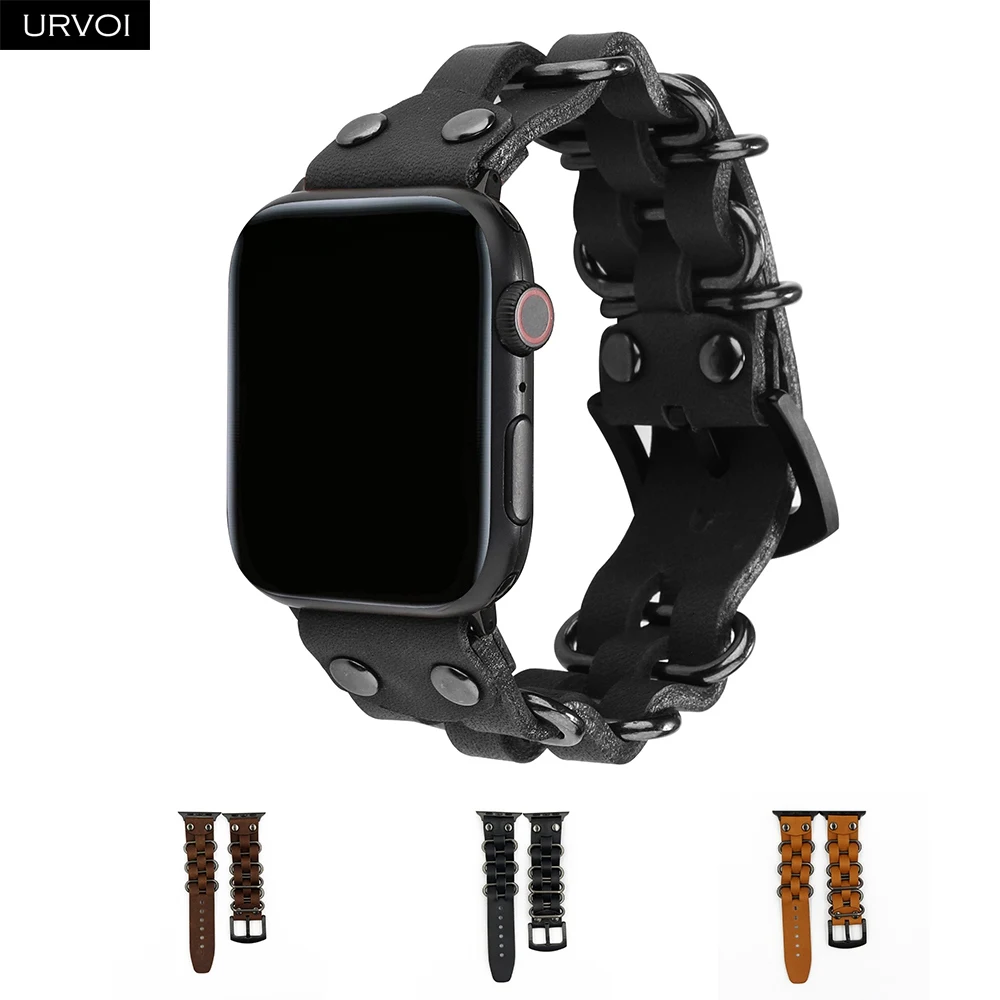 Ремешок URVOI для Apple Watch series 5 4 3 2 1 из натуральной кожи с кольцами ремешок iWatch 40 44 мм