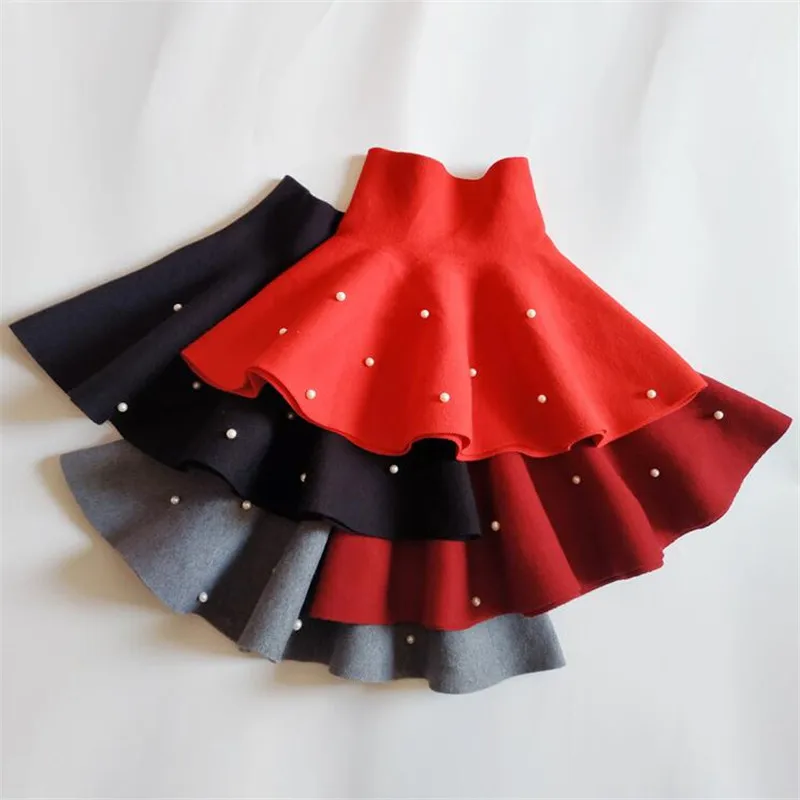 Зимние однотонные вязаные юбки пачки для маленьких девочек с жемчугом красные