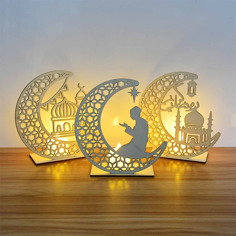 

Ramadan Eid Mubarak Decorations for Home Moon LED Candles Light Wooden Plaque Hanging decors Islam Muslim Event Party Supplies