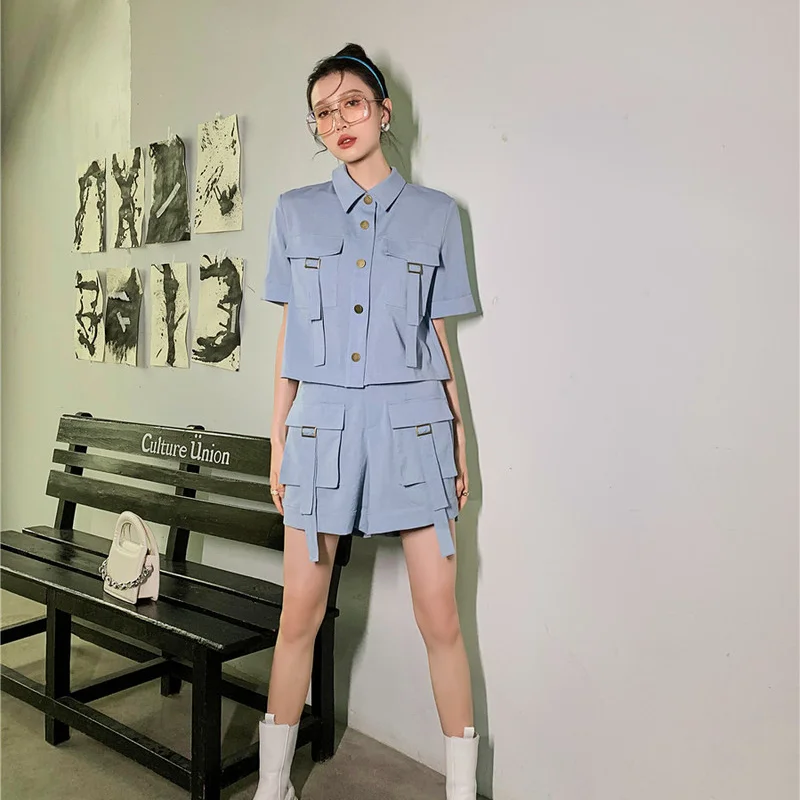 

Korejepo Women 2 Piece Set 2021 Summer Retro Safari Style Casual Blue Big Pocket Shirt High Waist Wide Leg Shorts Two-piece Suit