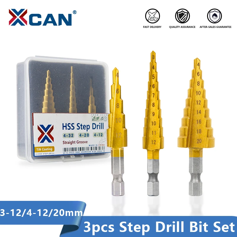 XCAN Step Drill Bit 3PCS 3-12 4-12/20 Titanium Coating HSS for Wood Metal Hole Cutting Hex Shank Cone | Инструменты
