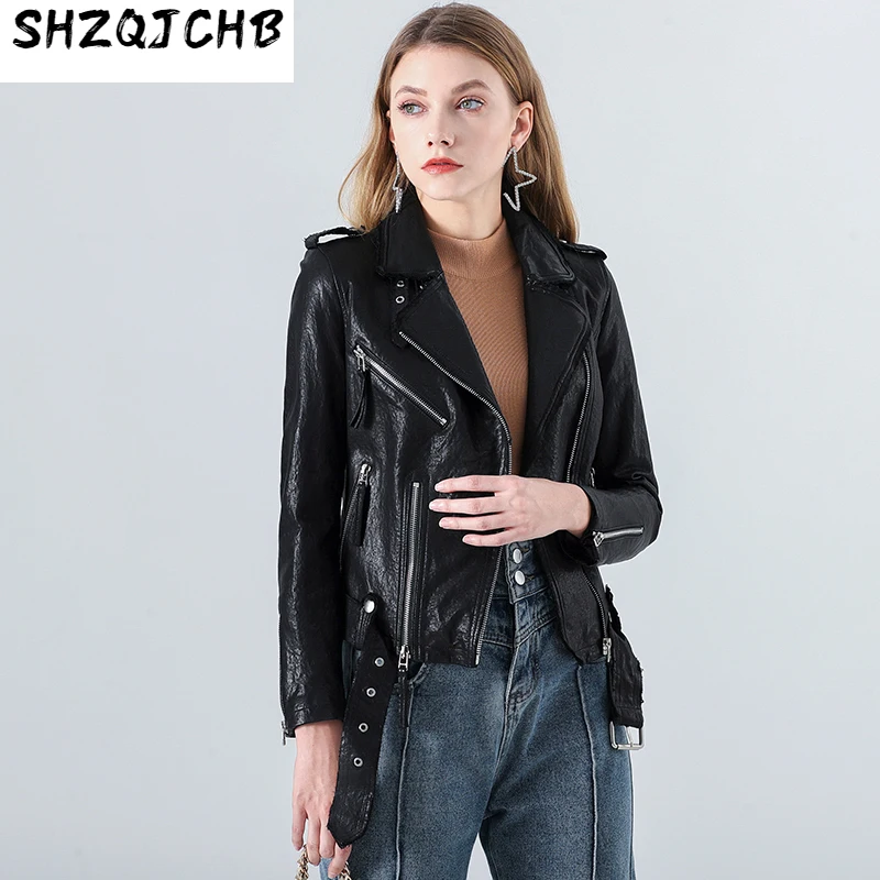 

SHZQ женская кожаная одежда Port Flavor 2021 новый стиль, в старинном стиле, тонкая, растительного дубления овчина мотоциклетная куртка