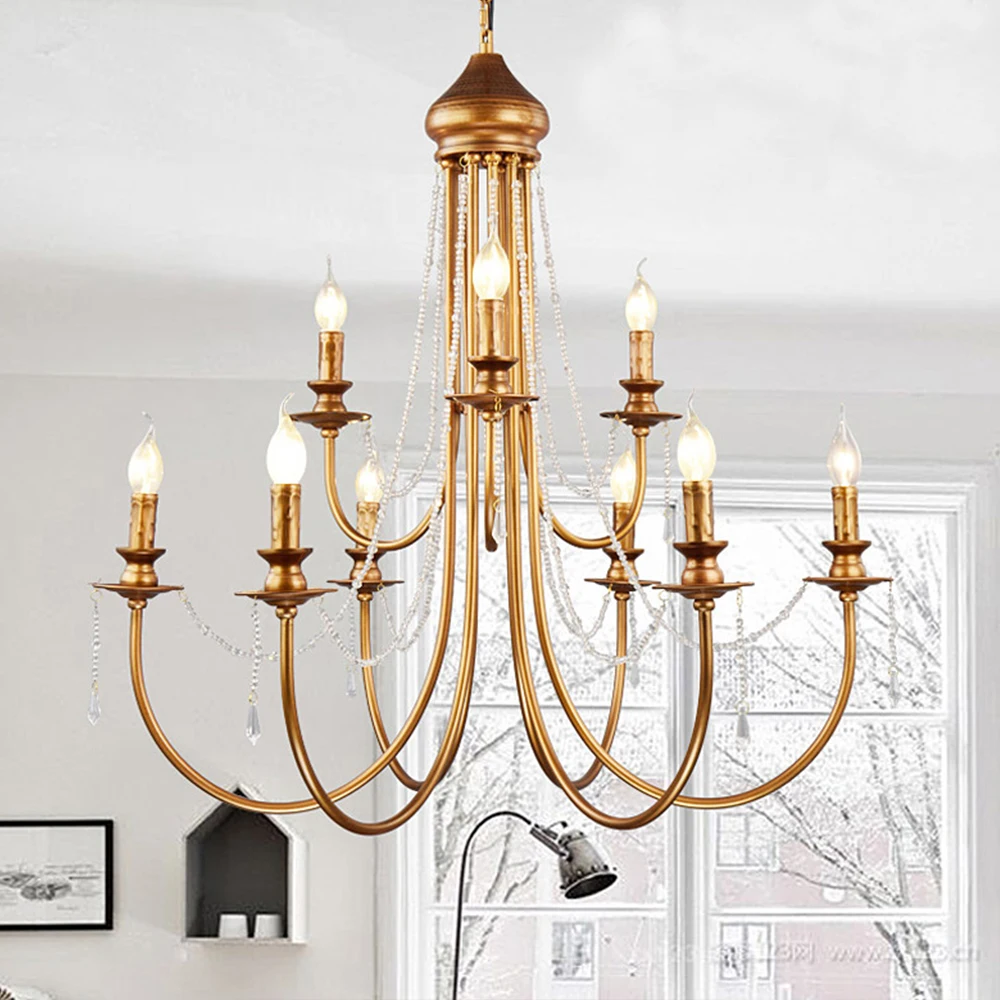 Modern Vintage Design Crystal E14 Ancient Gold Led Chandelier Lighting Fixtures for Home Loft Staircase Living Room Bedroom Lamp