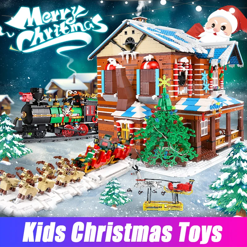 

Рождественские поезда Mould King 12012 с дистанционным управлением через приложение, строительные блоки, Электрический зимний поезд со светодиод...