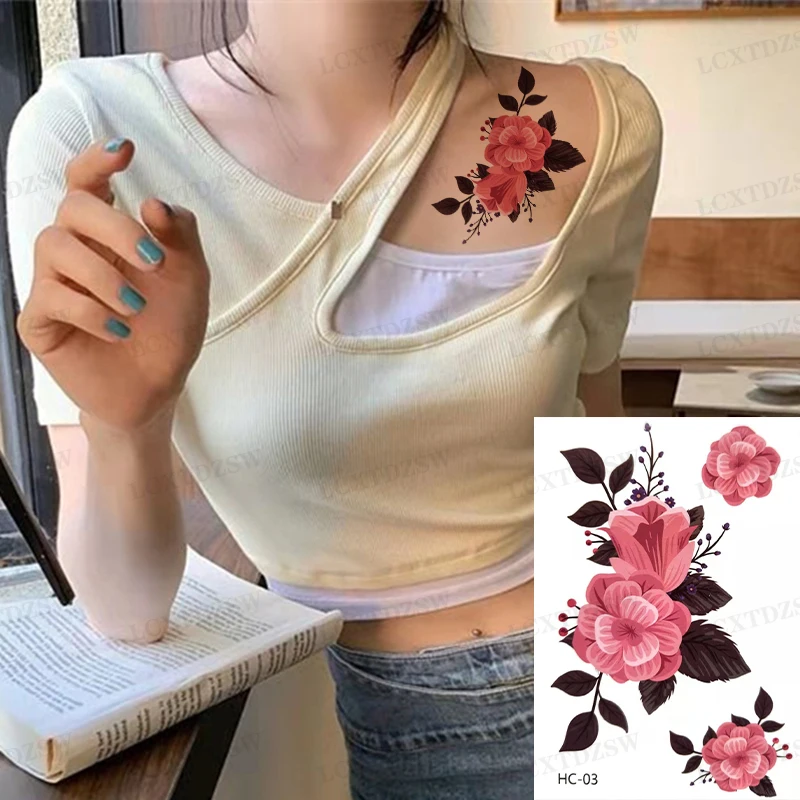 Temporary Tattoo for Women Stickers Waterproof Rose Flower Flash Tattoos Female Minimalist Print Body Art Sexy Fake Tattoos Male