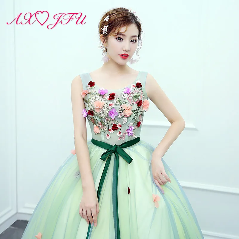 

AXJFU princess green lace evening dress vintage o neck beading red rose pink flower host ball gown stage green bow evening dress