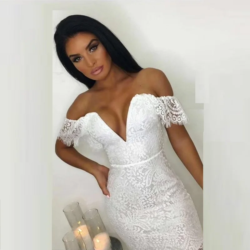 Белое Кружевное мини-платье с открытыми плечами женское сексуальное облегающее