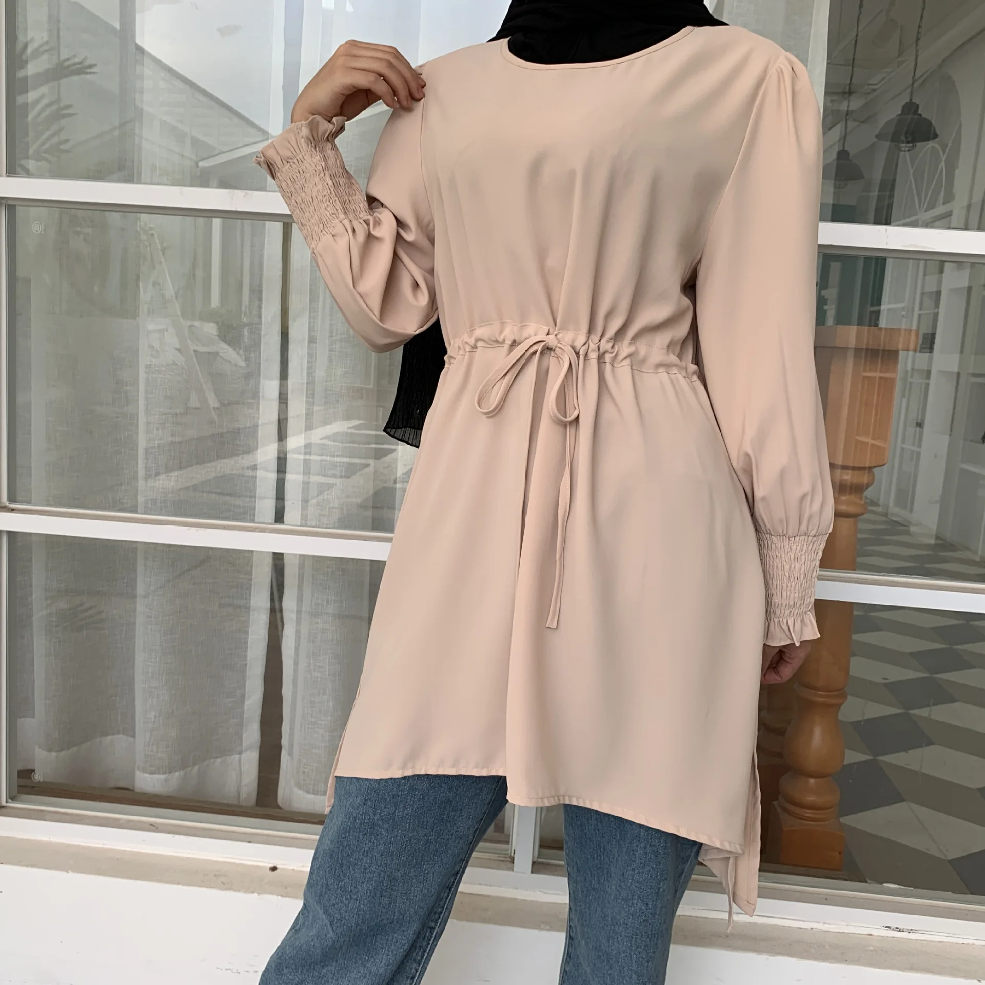 Женская мусульманская блузка abaya длинный однотонный топ размера плюс с поясом