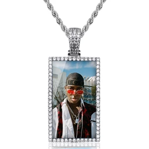 Silver Rectangle Custom Made Photos Medallions Pendant Necklace With AAA Cubic Zircon Rope Cuban Tennis Chain Drop Shipping Gift Box - Metal Color: Silver